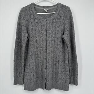L.L.Bean Cardigan Sweater Large Gray Pointelle Open Knit Button Front Preppy
